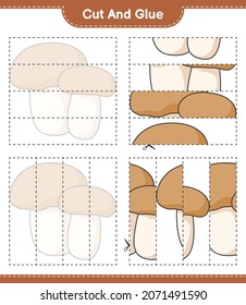 Cut and glue, cut parts of Mushroom Boletus and glue them. Educational children game, printable worksheet, vector illustration