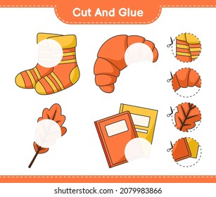 Cut and glue, cut parts of Oak Leaf, Socks, Book, Croissant and glue them. Educational children game, printable worksheet, vector illustration