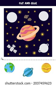 Cut and glue parts of picture. Space picture. Cutting practice for preschoolers.  