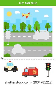 Cut and glue parts of picture. Transport cityscape. Cutting practice for preschoolers.  