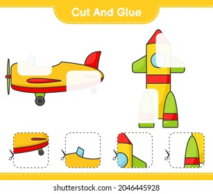 Cut and glue, cut parts of Plane and Rocket. And glue them. Educational children game, printable worksheet, vector illustration