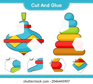 Cut and glue, cut parts of Pyramid Toy and Whirligig Toy. And glue them. Educational children game, printable worksheet, vector illustration
