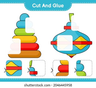 Cut and glue, cut parts of Pyramid Toy and Whirligig Toy. And glue them. Educational children game, printable worksheet, vector illustration