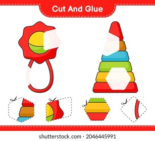 Cut and glue, cut parts of Pyramid Toy and Baby Rattle. And glue them. Educational children game, printable worksheet, vector illustration