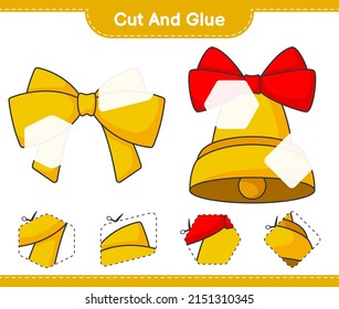 Cut and glue, cut parts of Ribbon, Christmas Bell and glue them. Educational children game, printable worksheet, vector illustration
