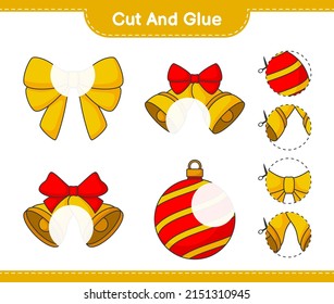 Cut and glue, cut parts of Ribbon, Christmas Ball, Christmas Bell and glue them. Educational children game, printable worksheet, vector illustration