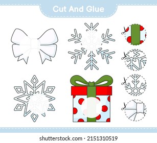 Cut and glue, cut parts of Ribbon, Snowflake, Gift Box and glue them. Educational children game, printable worksheet, vector illustration