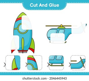 Cut and glue, cut parts of Rocket and Helicopter. And glue them. Educational children game, printable worksheet, vector illustration