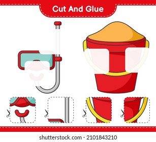 Cut and glue, cut parts of Sand Bucket, Scuba Diving Mask and glue them. Educational children game, printable worksheet, vector illustration