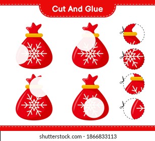 Cut and glue, cut parts of Santa Claus Bag and glue them. Educational children game, printable worksheet, vector illustration