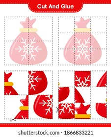 Cut and glue, cut parts of Santa Claus Bag and glue them. Educational children game, printable worksheet, vector illustration