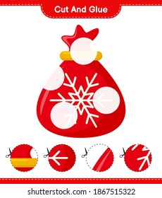 Cut and glue, cut parts of Santa Claus Bag and glue them. Educational children game, printable worksheet, vector illustration