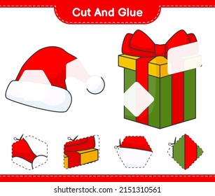 Cut and glue, cut parts of Santa Hat, Gift Box and glue them. Educational children game, printable worksheet, vector illustration