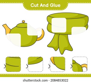 Cut and glue, cut parts of Scarf and Teapot. Educational children game, printable worksheet, vector illustration