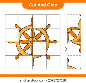 Cut and glue, cut parts of Ship Steering Wheel and glue them. Educational children game, printable worksheet, vector illustration