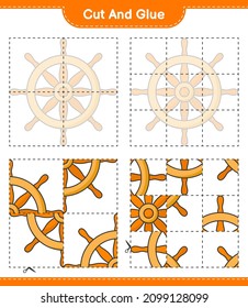 Cut and glue, cut parts of Ship Steering Wheel and glue them. Educational children game, printable worksheet, vector illustration