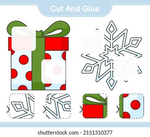 Cut and glue, cut parts of Snowflake, Gift Box and glue them. Educational children game, printable worksheet, vector illustration