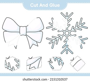 Cut and glue, cut parts of Snowflake, Ribbon and glue them. Educational children game, printable worksheet, vector illustration