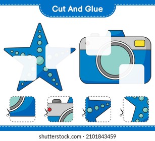 Cut and glue, cut parts of Starfish, Camera and glue them. Educational children game, printable worksheet, vector illustration