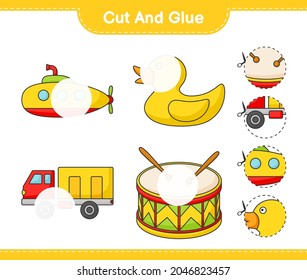 Cut and glue, cut parts of Submarine, Rubber Duck, Lorry, Drum and glue them. Educational children game, printable worksheet, vector illustration