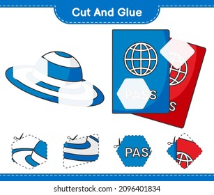 Cut and glue, cut parts of Summer Hat, Passport and glue them. Educational children game, printable worksheet, vector illustration