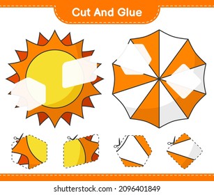 Cut and glue, cut parts of Sun, Beach Umbrella and glue them. Educational children game, printable worksheet, vector illustration