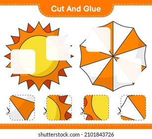 Cut and glue, cut parts of Sun, Beach Umbrella and glue them. Educational children game, printable worksheet, vector illustration