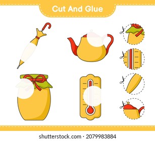Cut and glue, cut parts of Teapot, Umbrella, Thermometer, Jam and glue them. Educational children game, printable worksheet, vector illustration