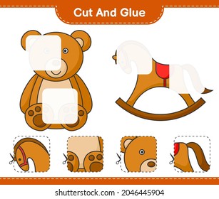 Cut and glue, cut parts of Teddy Bear and Rocking Horse. And glue them. Educational children game, printable worksheet, vector illustration