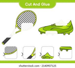 Cut and glue, cut parts of Tennis Racket, Soccer Shoes and glue them. Educational children game, printable worksheet, vector illustration