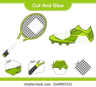 Cut and glue, cut parts of Tennis Racket, Soccer Shoes and glue them. Educational children game, printable worksheet, vector illustration