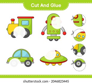 Cut and glue, cut parts of Train, Robot Character, Car, Ufo and glue them. Educational children game, printable worksheet, vector illustration
