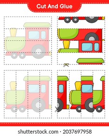 Cut and glue, cut parts of Train and glue them. Educational children game, printable worksheet, vector illustration