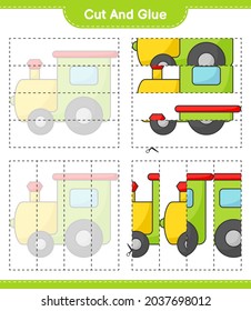 Cut and glue, cut parts of Train and glue them. Educational children game, printable worksheet, vector illustration