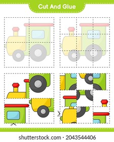 Cut and glue, cut parts of Train and glue them. Educational children game, printable worksheet, vector illustration