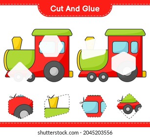 Cut and glue, cut parts of Train and glue them. Educational children game, printable worksheet, vector illustration
