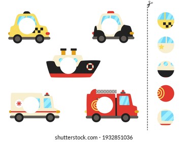 Cut and glue parts of transportation means. Educational logical game for kids. Matching game.