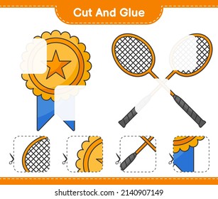 Cut and glue, cut parts of Trophy, Badminton Rackets and glue them. Educational children game, printable worksheet, vector illustration