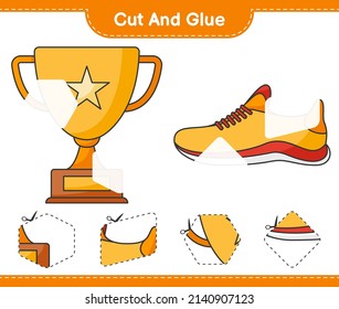 Cut and glue, cut parts of Trophy, Running Shoes and glue them. Educational children game, printable worksheet, vector illustration