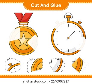 Cut and glue, cut parts of Trophy, Stopwatch and glue them. Educational children game, printable worksheet, vector illustration