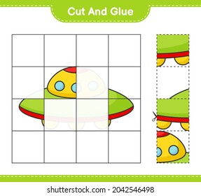 Cut and glue, cut parts of Ufo and glue them. Educational children game, printable worksheet, vector illustration