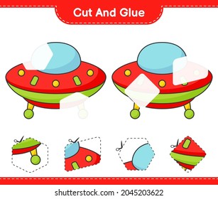 Cut and glue, cut parts of Ufo and glue them. Educational children game, printable worksheet, vector illustration