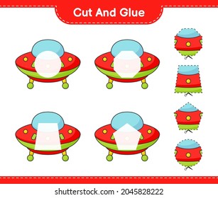 Cut and glue, cut parts of Ufo and glue them. Educational children game, printable worksheet, vector illustration