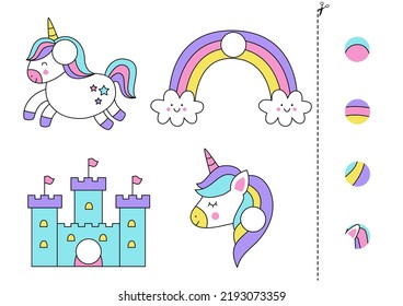Partes cortadas y pegadas de elementos de unicornio. Juego educativo lógico para niños. Juego coincidente.