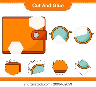 Cut and glue, cut parts of Wallet, Sunglasses and glue them. Educational children game, printable worksheet, vector illustration
