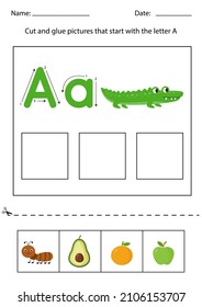 Cut and glue pictures that begin with the letter A. Alphabet worksheet.