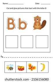 Cut and glue pictures that begin with the letter B. Alphabet worksheet.
