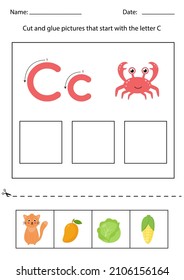 Cut and glue pictures that begin with the letter C. Alphabet worksheet.