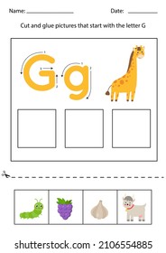 Cut and glue pictures that begin with the letter G. Alphabet worksheet.