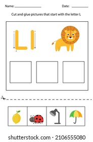 Cut and glue pictures that begin with the letter L. Alphabet worksheet.